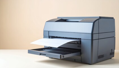 Laser printer in operation showcasing output document ready for collection