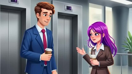 Business meeting in a modern office lobby with two professionals engaging in conversation