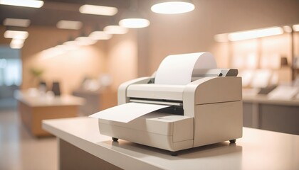 Office productivity device: A beige printer preparing to dispatch a fresh document