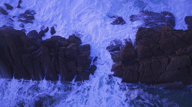 Aerial view of the sunset lights on the cliffs of Madero Beach in the Dunes of Liencres Natural Park. Pi&eacute;lagos Municipality, Costa Quebrada Geopark, Cantabrian Sea, Cantabria, Spain, Europe