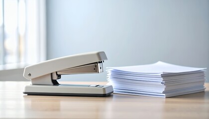 A minimalist composition highlighting a stapler and stack of papers on desktop