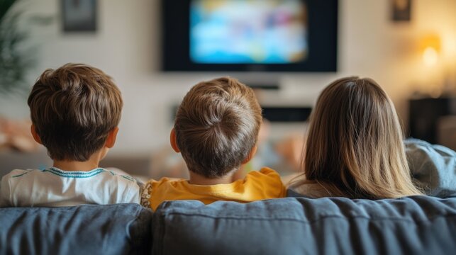 Children watching TV on couch, back view