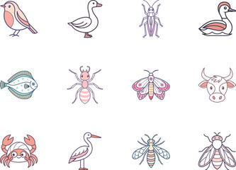 Naklejka premium Twelve simple line drawings display various animals and insects on a plain white background