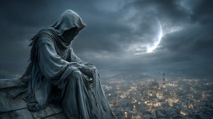 A solitary figure sits atop a rooftop at night.