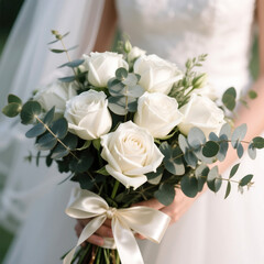 Fototapeta premium Close-up of a bride holding a beautiful bouquet of white roses and eucalyptus, tied with a soft ivory ribbon, on her wedding day, creating a serene and romantic atmosphere