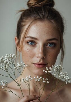 A woman with freckles holding a white baby's breath wildflowers