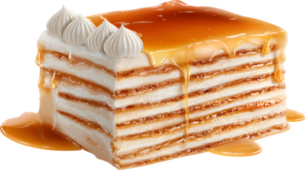 "Russian honey cake with thin layers and cream frosting, isolated on transparent background 