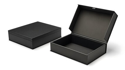 Two black cardboard gift boxes, one open, one closed