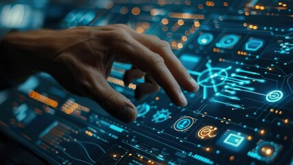 Hand interacting with futuristic digital interface with glowing icons and intricate circuitry - Powered by Adobe