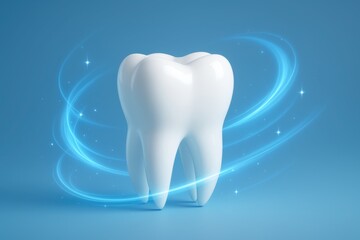 Pristine White Tooth Surrounded by Swirling Blue Light Effects and Sparkles Creating an Aura of Cleanliness Oral Health and Dental Protection on a Blue Background