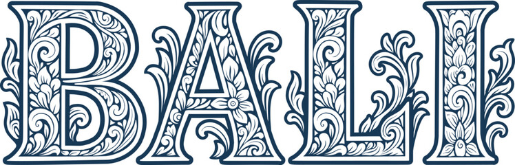 Elegant Monochrome Balinese Lettering Spelling “BALI” with Traditional Floral Ornament Inside in Blue Ink Style