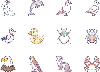 Cartoon mammals, birds, and insects are featured with simple lines on a white background