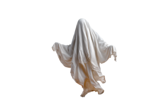 PNG White ghost floating with draped sheet against black background