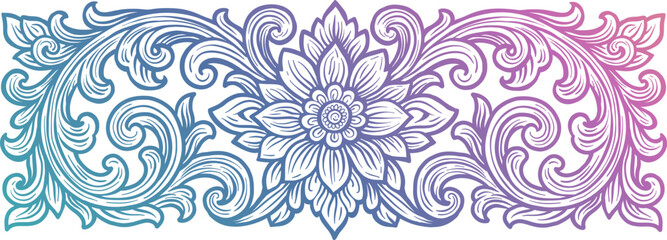Floral Ornament Border with Center Bloom and Cool Gradient Colors in Balinese Style on White Background