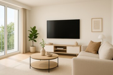Spacious Modern Living Room Interior with a Large Wall-Mounted Flat Screen TV Comfortable Sofa Coffee Table and Contemporary Decor