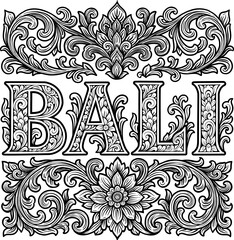 Traditional Balinese Floral Ornament with BALI Typography in Vintage Wood Carving Style
