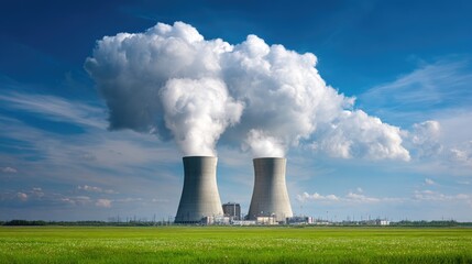 Nuclear power plant with twin cooling towers emitting thick white steam under a vivid blue sky, surrounded by green fields, suitable for energy, technology, and environment themes