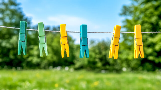 Bright colorful clothespins hanging on outdoor clothesline under sunny sky ideal for laundry tutorials home organization DIY photography and lifestyle blogs