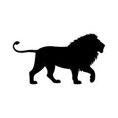 Silhouette of a majestic lion walking with its tail curled up in a simple black and white design