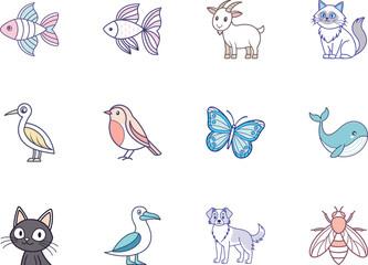 A colorful set of cartoon animals is isolated on a white transparent background