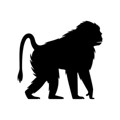 Silhouette of a baboon walking with its tail curved upwards on a plain white background in vector format