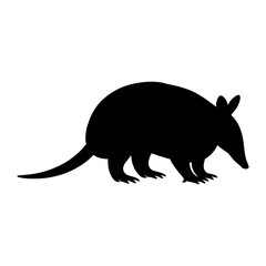 Silhouette of an armadillo standing with its head down and tail extended on a white background space