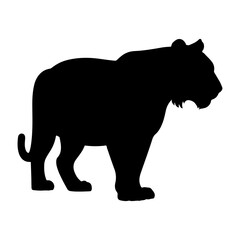 Silhouette of a tiger standing in profile with its tail curled and a solid black fill on a white background