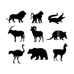 Silhouette collection featuring a lion, monkey, crocodile, antelope, ram, armadillo, ostrich, bear and llama