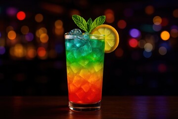Vibrant Rainbow Fruit Cocktail with Fresh Mint and Lemon Slice Served in a Tall Glass with Ice Cubes Nightclub Bar Scene with Colorful Drinks