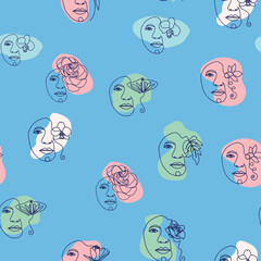 Female portrait Outline woman face, abstract flowers leaves, line continuous drawing vector seamless pattern.