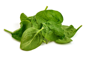 Fresh Green Spinach Leaves, Top View, Isolated on White Background.