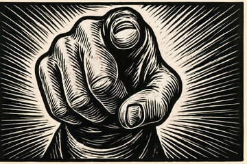 Vintage Black and White Woodcut Print Style Hand with Index Finger Pointing Directly at the Viewer in a "We Want You" Gesture Front View