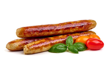 Roasted BBQ Sausages, isolated on White Background.
