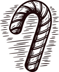 Detailed line drawing of a classic candy cane on a white background