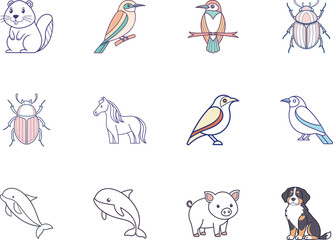 Fototapeta premium Isolated set showcases line animals including a beaver, birds, beetles, dolphin, pig, and dog
