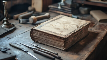 Antique Book on a Workbench with Tools and Leather Items