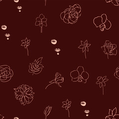 Female portrait Outline woman face, abstract flowers leaves, line continuous drawing vector seamless pattern.