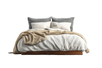 PNG Cozy minimalist bed with soft pillows and blanket on dark background