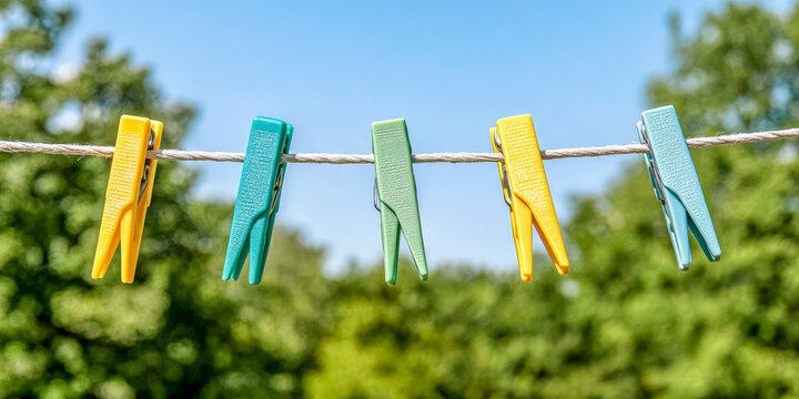 Bright colorful clothespins hanging on outdoor clothesline under sunny sky ideal for laundry tutorials home organization DIY photography and lifestyle blogs