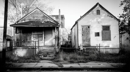 Dilapidated vacant homes in urban decay—powerful image symbolizing the growing homelessness crisis in the USA, reflecting systemic neglect, housing inequality, and socioeconomic collapse