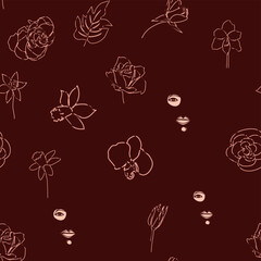 Female portrait Outline woman face, abstract flowers leaves, line continuous drawing vector seamless pattern.