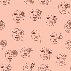 Female portrait Outline woman face, abstract flowers leaves, line continuous drawing vector seamless pattern.