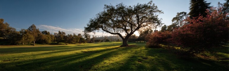 Solitary Tree in Sunset Meadow: A majestic tree stands alone in a sun-drenched meadow, its shadow stretching long across the vibrant green grass as the sun sets in the background.