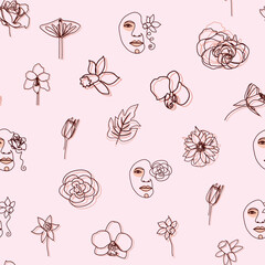 Female portrait Outline woman face, abstract flowers leaves, line continuous drawing vector seamless pattern.