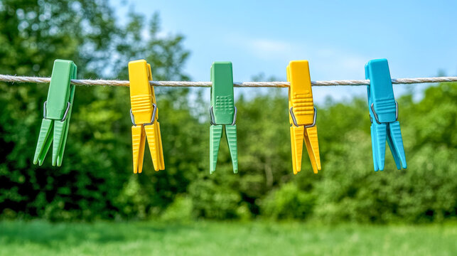 Bright colorful clothespins hanging on outdoor clothesline under sunny sky ideal for laundry tutorials home organization DIY photography and lifestyle blogs