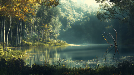 Serene Forest Lake with Golden Light and Reflections