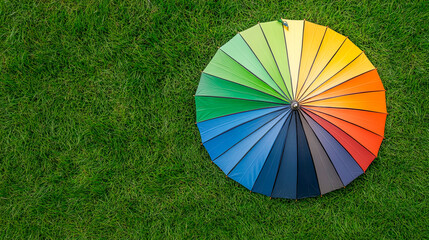 Vibrant Rainbow Umbrella on Fresh Green Grass Overhead Shot for Summer Rainy Day Marketing and Outdoor Lifestyle