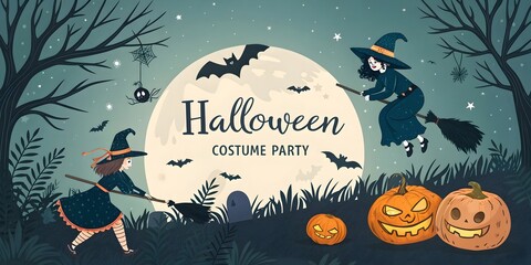 Two Witches Flying on Broomsticks at Halloween Costume Party