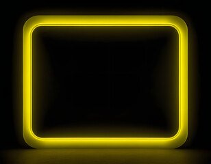 neon yellow square frame  with free space between and with rounded edges dimly glowing with light on dark background, copy space, empty yellow neon frame on black background