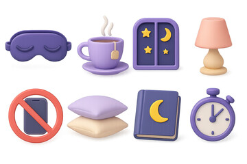 Healthy Sleep Icons. 3D icon set of healthy sleep habits: sleep mask, bedtime tea, starry window, dim lamp, no